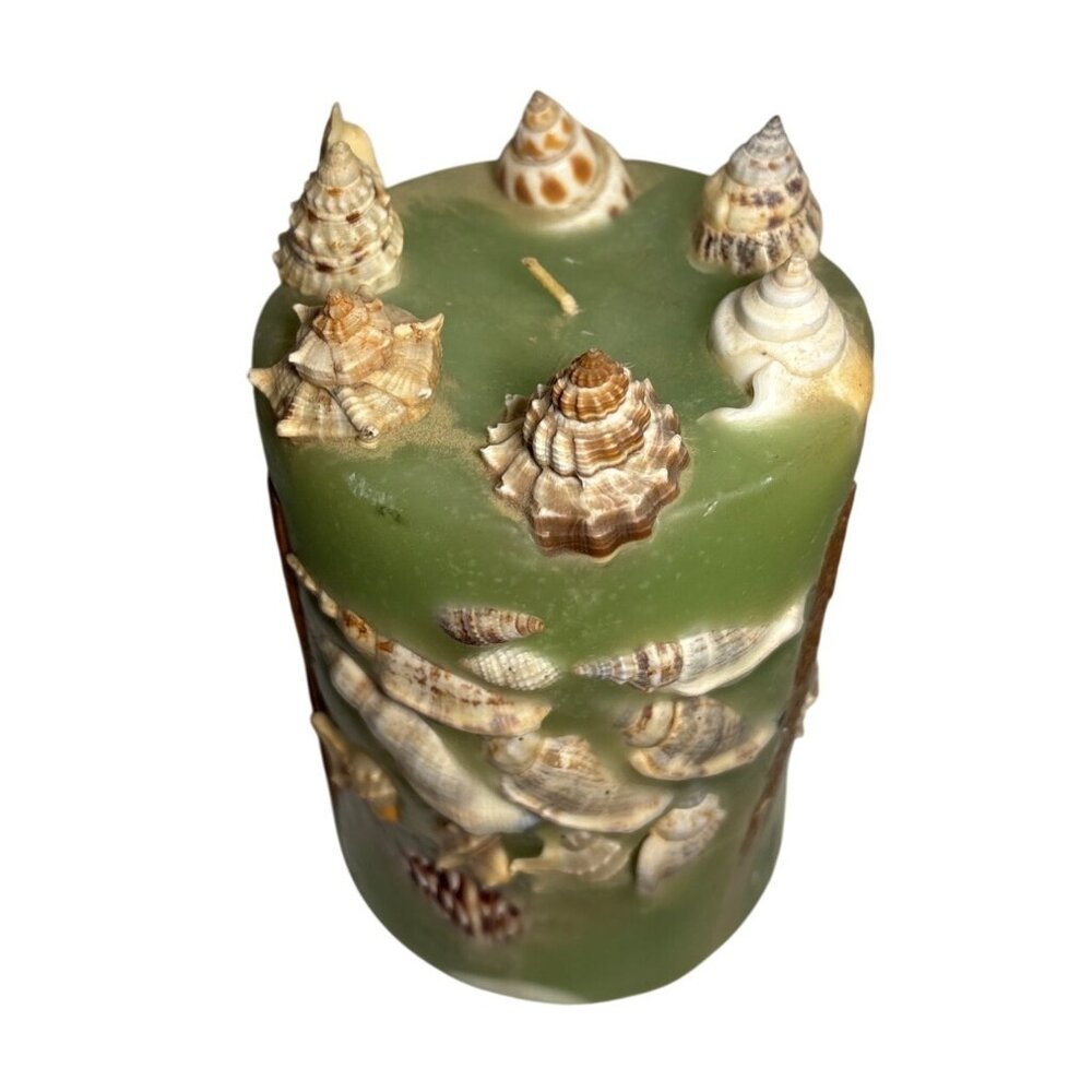 Bynan Seashell Pillar Candle Green Embedded Nautical Beach Florida 5.5" Tall